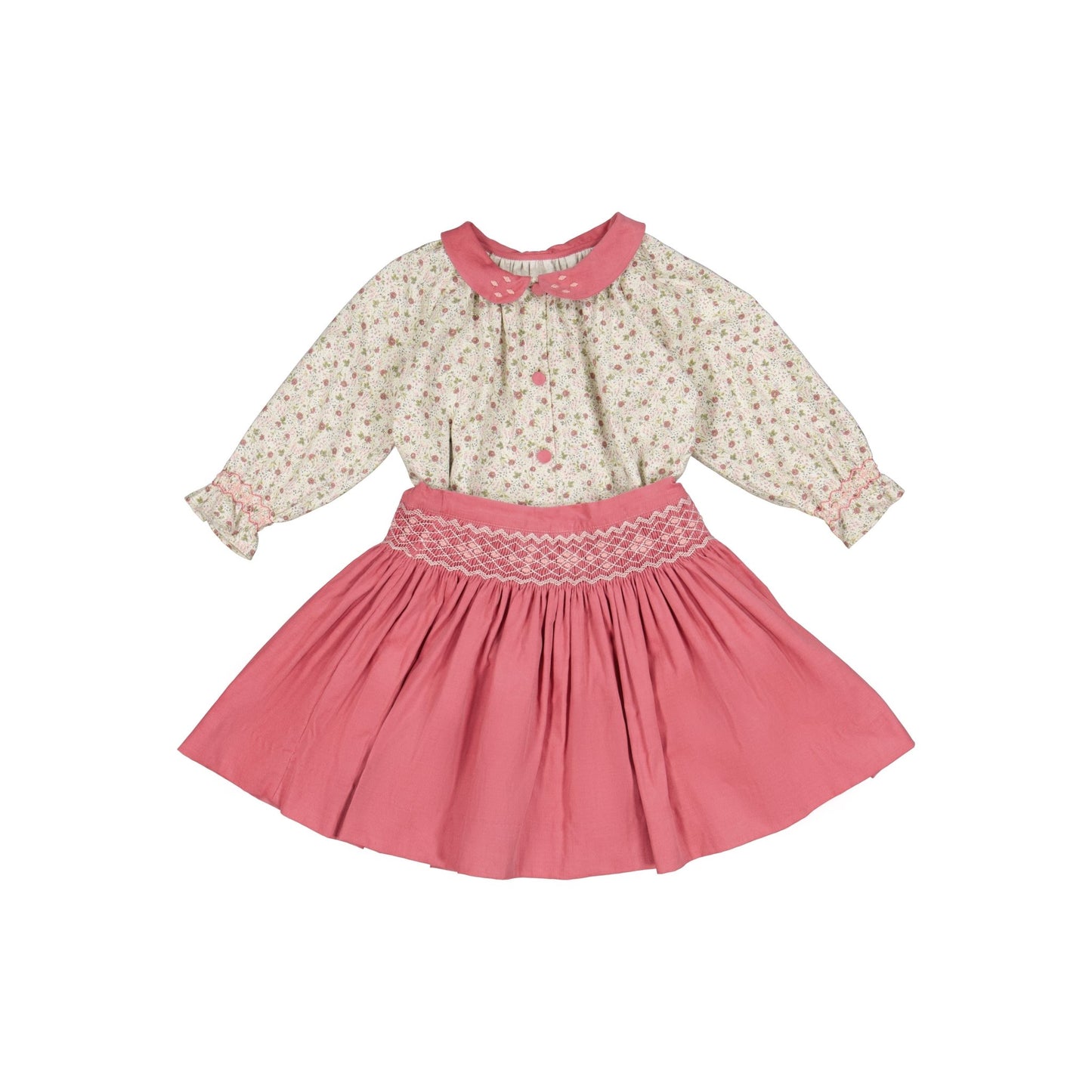 Marie - Ensemble Jupe A Smock Rose Et Blouse Assortie 4t - Tinokai